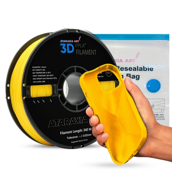 ATARAXIA ART Flexible PLA Filament, 3D Printer Filament,1kg Spool, Better Than TPU, 89A Shore Hardness, Patented Formula, Compatible Bowden Extruder, With Filament storage Bag, PLA PLUS Yellow