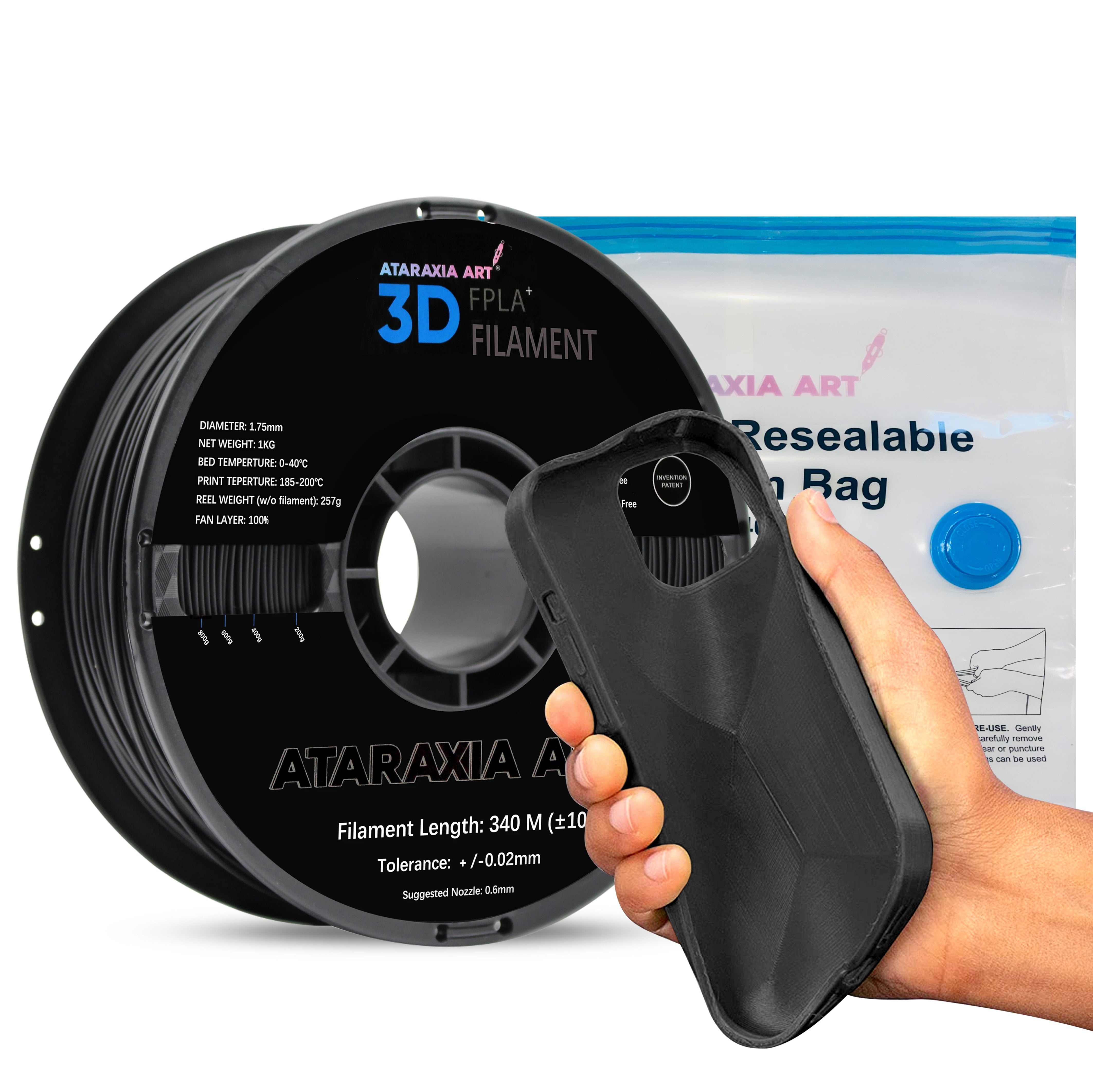 ATARAXIA ART Flexible PLA Filament, PLA filament 1.75mm, 3D Printer Filament,1kg, Better Than TPU, 89A Shore Hardness, Patent Formula, Compatible Bowden Extruder, With Filament storage Bag, PLA BLACK