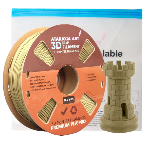 ATARAXIA ART Metallic Gold PLA Filament 1.75mm, Gold 3D Printer Filaments, 1Kg/2.2lb Tidy Spools, Dimensional Accuracy +/- 0.03mm, With Filament Storage Bags, Pantone Match Fit Most FDM 3D Printers
