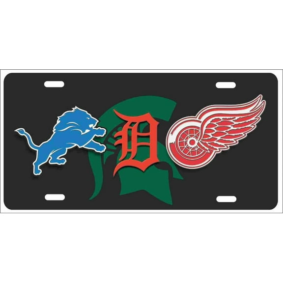 ATD Design LLC Detroit Michigan Sport Teams Combined Logos Novelty Front Plate Decorative Vanity Car Tag can Also be Used as a Door Sign