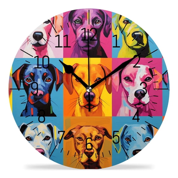 ATEDEANEI 12" Wall Clock Battery Operated Silent Non Ticking Dogs Icon Flat Design Cute Design