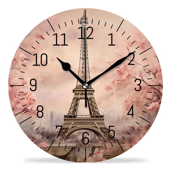 ATEDEANEI 12" Wall Clock Battery Operated Silent Non Ticking Eiffel Tower Watercolor Butterfly Rose Beautiful Drawing