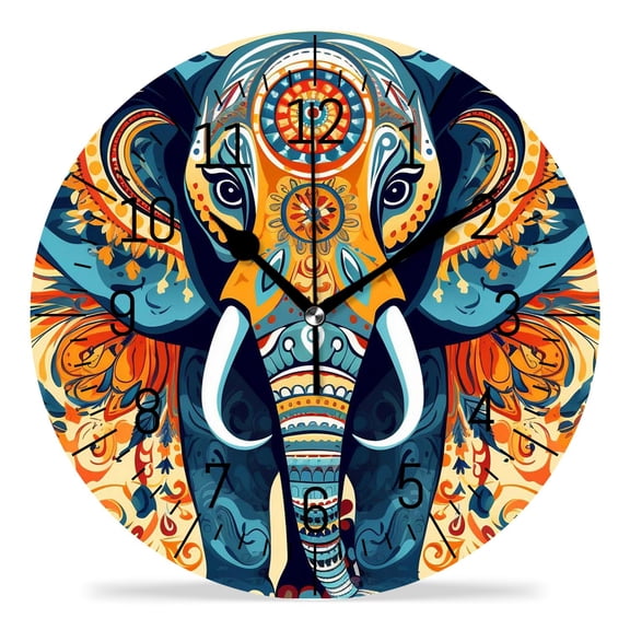 ATEDEANEI 12" Wall Clock Battery Operated Silent Non Ticking Ethnic Elephant Africa Style Art