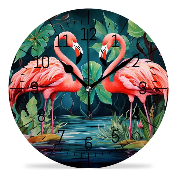 ATEDEANEI 12" Wall Clock Battery Operated Silent Non Ticking Flamingo Bird Palm Tree Leaves Watercolor Black Summer Beautiful