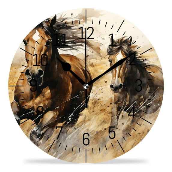 ATEDEANEI 12" Wall Clock Battery Operated Silent Non Ticking Galloping Brown Horses Painting