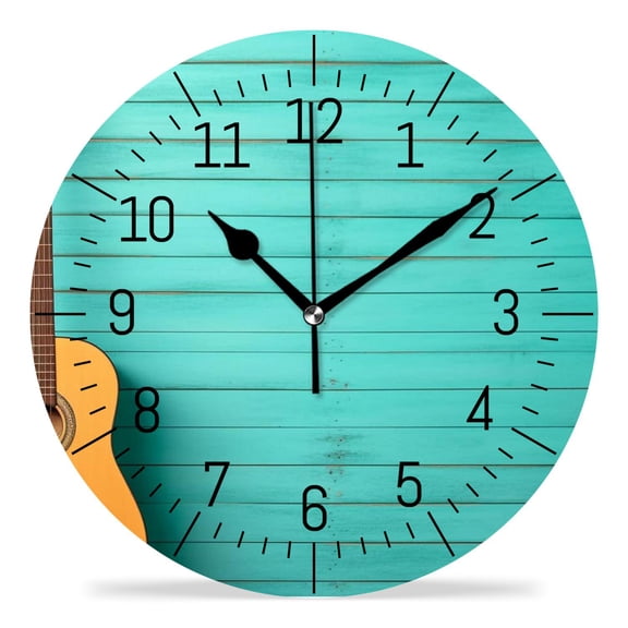 ATEDEANEI 12" Wall Clock Battery Operated Silent Non Ticking Guitar Wooden Plank Music Art