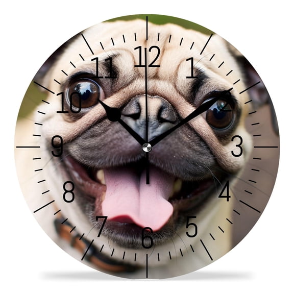 ATEDEANEI 12" Wall Clock Battery Operated Silent Non Ticking Happy Pug Dog Creative