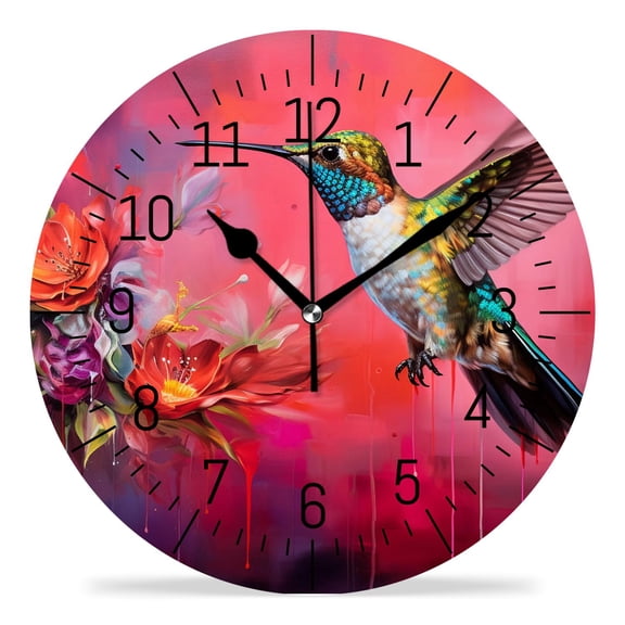 ATEDEANEI 12" Wall Clock Battery Operated Silent Non Ticking Hummingbird Flower Spring Art