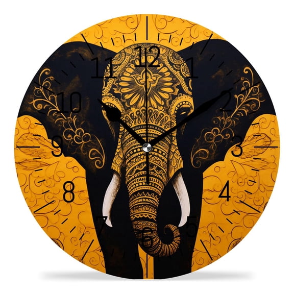 ATEDEANEI 12" Wall Clock Battery Operated Silent Non Ticking Indian Elephant Mnadala Yellow Beautiful