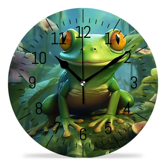 ATEDEANEI 12" Wall Clock Battery Operated Silent Non Ticking Laughing Tree Frog Funny Cute Drawings