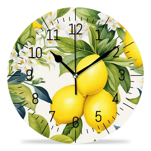 ATEDEANEI 12" Wall Clock Battery Operated Silent Non Ticking Lemon Fruit Flower Leaf Yellow Limon Beautiful Art