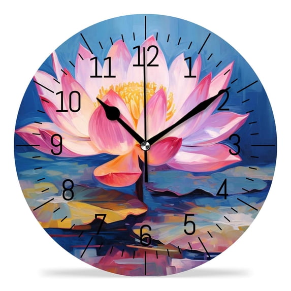 ATEDEANEI 12" Wall Clock Battery Operated Silent Non Ticking Oil Painting Lotus Flower Print