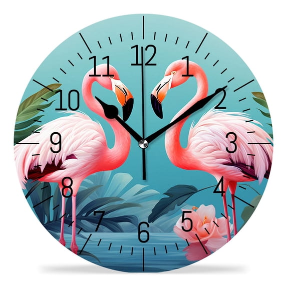 ATEDEANEI 12" Wall Clock Battery Operated Silent Non Ticking Palm Leaf Tropical Plant Pink Flamingo Creative