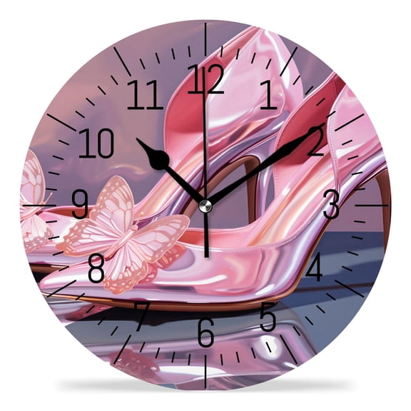 ATEDEANEI 12" Wall Clock Battery Operated Silent Non Ticking Pink High Heel Shoes Butterfly Cute Art