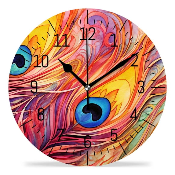 ATEDEANEI 12" Wall Clock Battery Operated Silent Non Ticking Rainbow Peacock Feathers Elegant
