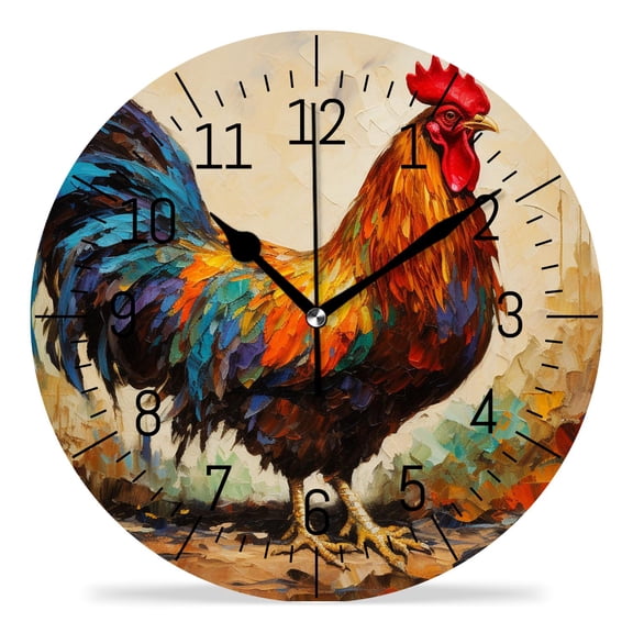 ATEDEANEI 12" Wall Clock Battery Operated Silent Non Ticking Rooster In A Colored Background Graceful Drawing