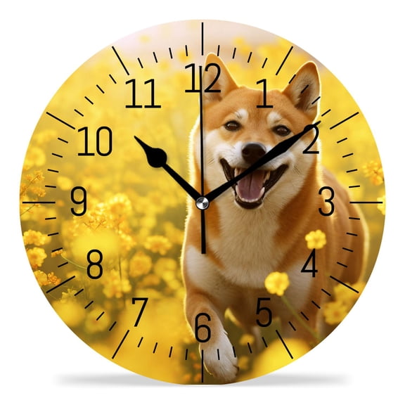 ATEDEANEI 12" Wall Clock Battery Operated Silent Non Ticking Shiba Inu Flower Fields Design