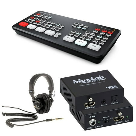 Blackmagic Design ATEM Mini Pro ISO HDMI Live Stream Switcher, Bundle with MDR-7506 Headphones and 4K/60 HDMI to HDMI Extender