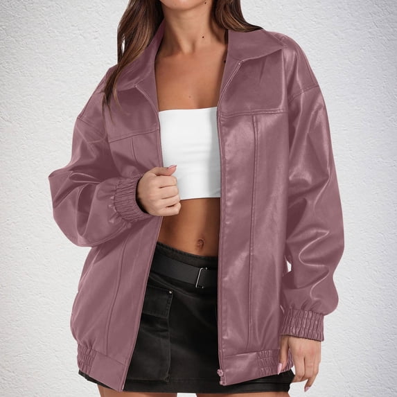 ssuyfkrb Women's Fashion Pu Faux Leather Outwear Jackets,Jackets for Women,Womens Jackets,Flip Collar,Casual,Long Sleeve,Solid,Pink,L