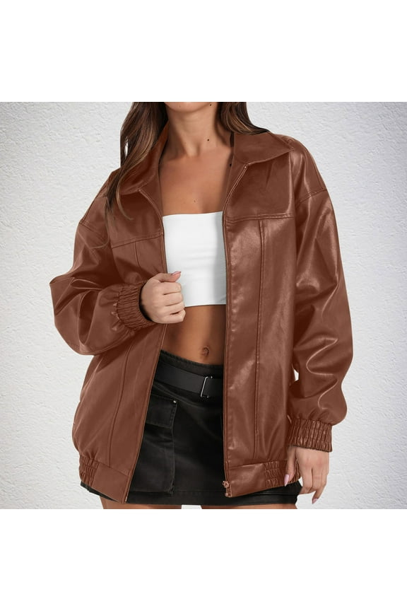 Jackets for Women Motoreycle Jacket Winter Outwear Long Sleeve Fall Spring Oversized Brown XL