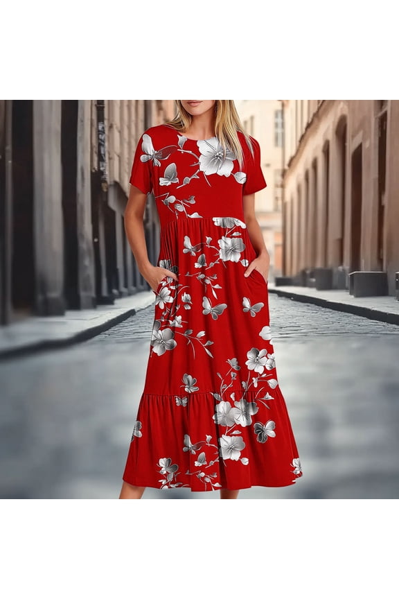 Ladies Dresses Lightweight Printed Dresses Fashion Dress Red 2XL
