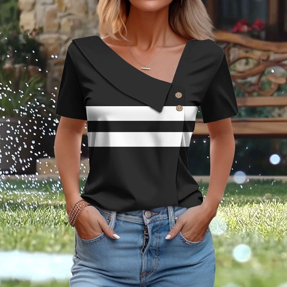ATENAR Shirts for Women Casual V Neck Womens Shirts Solid Color Tee Black XL