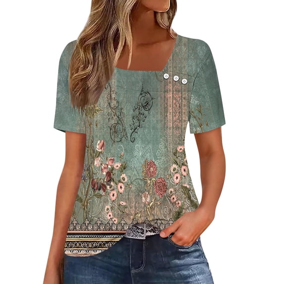 ATENAR Shirts for Women Short Sleeve Casual Womens Shirts V Neck Tee Green 2XL