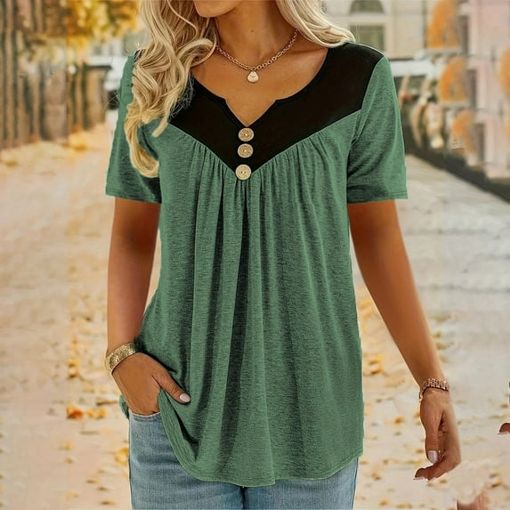 ATENAR Shirts for Women Summer Short Sleeve T Shirts for Women Casual Tee Army Green S