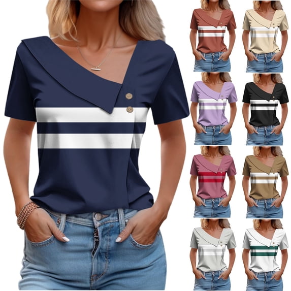ATENAR Shirts for Women V Neck Solid Color Tops for Women Soft Tee Navy XL