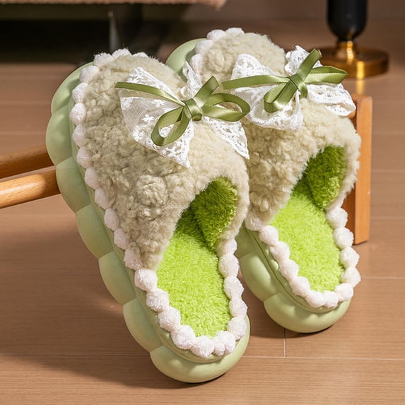 ATENAR Slippers for Women Wide Fuzzy Womens Shoes Slip On House Slipper Green 6.5-7