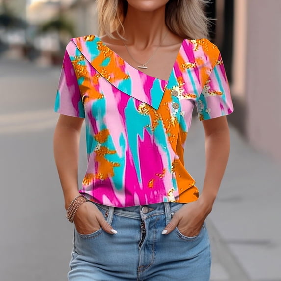 ATENAR T Shirts for Women Casual V Neck Womens Shirts Solid Color Tee Orange L