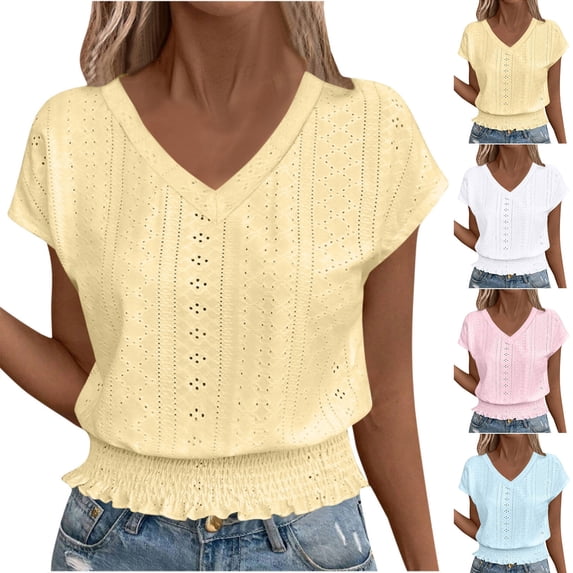 ATENAR T Shirts for Women Casual V Neck Womens Shirts Solid Color Tee Yellow M
