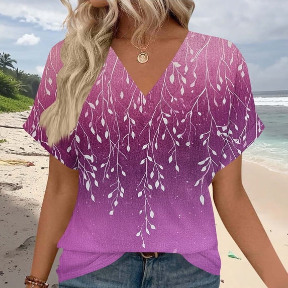 ATENAR T Shirts for Women Short Sleeve Casual Shirts for Women V Neck Tee Purple M