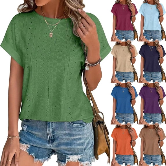 ATENAR T Shirts for Women Solid Shirts Crew Neck Short Sleeve Tops Green S