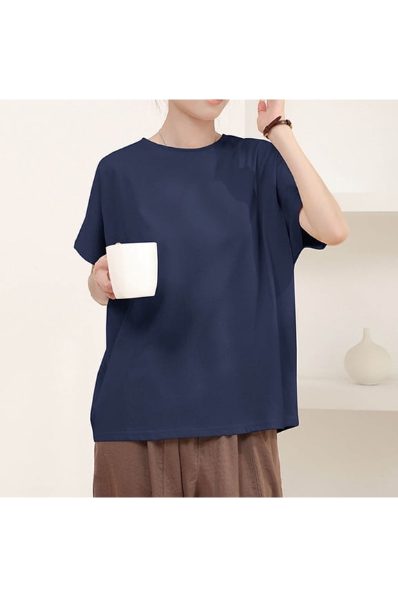 T Shirts for Women Solid Shirts Crew Neck Short Sleeve Tops Navy L