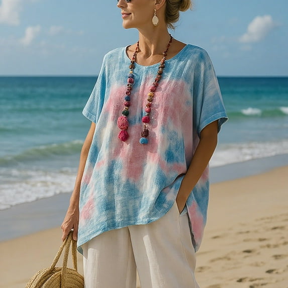 ATENAR T Shirts for Women V Neck Printed Tops for Women Soft Tee Blue L
