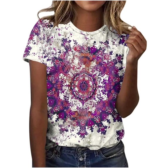 ATENAR Tops for Women Plus Size Shirts Printed Crew Neck Tops Multicolor 4XL