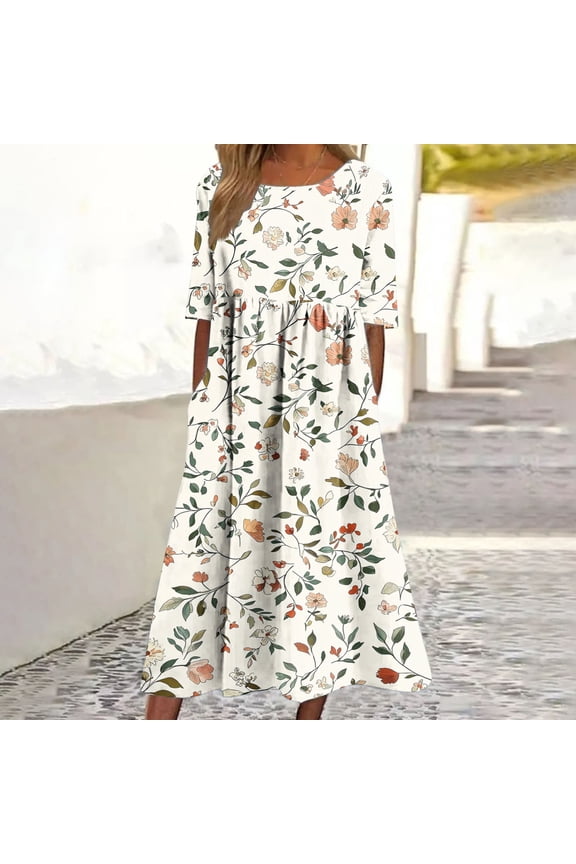 Women Dresses Fashion Short Sleeve Dresses Crew Neck Dress White 2XL