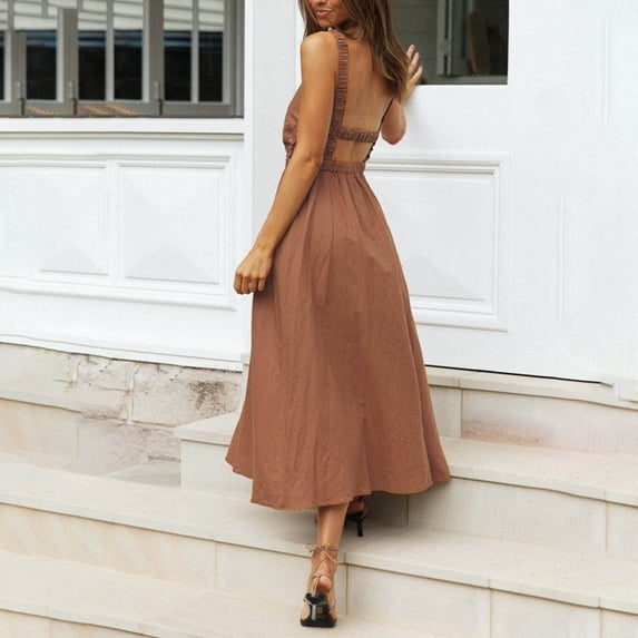 ATENAR Womens Dresses Solid Color Lightweight Dresses for Women Casual Ladies Dresses Brown M