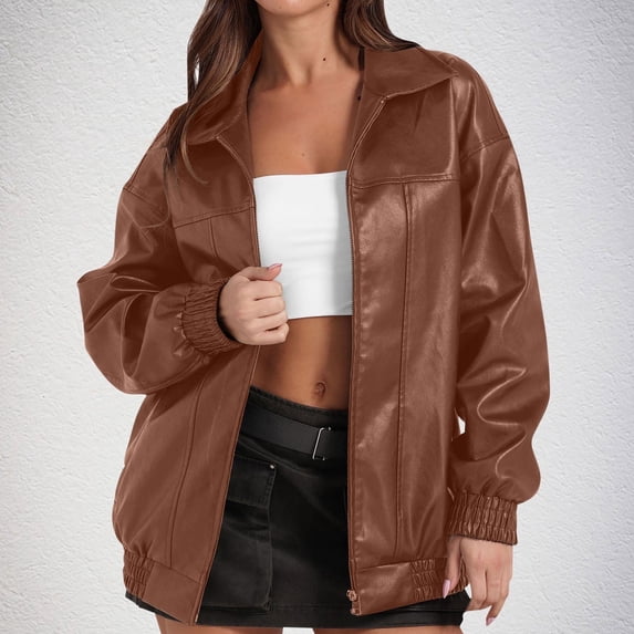ssuyfkrb Jackets for Women,Coat for Women,Women's Fashion Pu Faux Leather Outwear Jackets,Flip Collar,Casual,Long Sleeve,Solid,Brown,XS