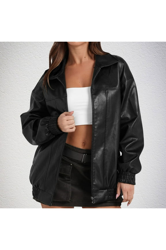 Womens Jackets Leather Jacket Open Front Long Sleeve Oversized Fall Spring Black M