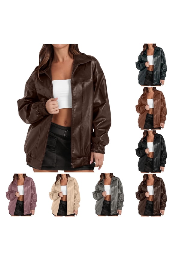 Jackets for Women,Coat for Women,Women's Fashion Pu Faux Leather Outwear Jackets,Flip Collar,Casual,Long Sleeve,Solid,Coffee,M