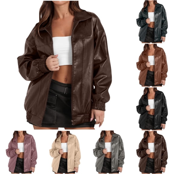 ATENAR Womens Jackets Leather Jacket Oversized Zip Up Open Front Oversized Coffee M
