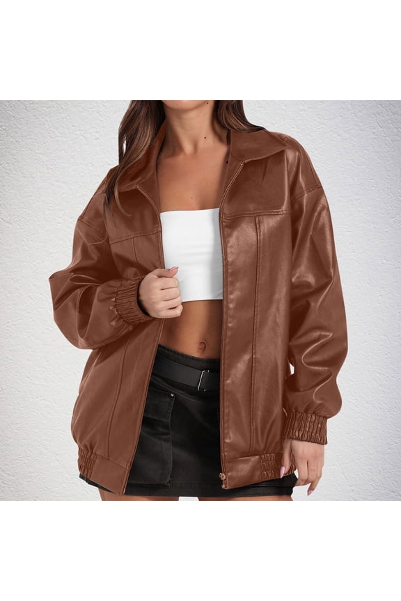 Jackets for Women,Coat for Women,Women's Fashion Pu Faux Leather Outwear Jackets,Flip Collar,Casual,Long Sleeve,Solid,Brown,S