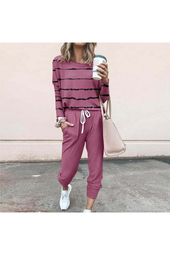 Womens Lounge Set Drawsting Pants with Pockets Crew Neck Tops Fashion Track Suits for Women Set Wine 3XL