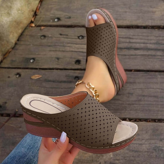 ATENAR Womens Sandals,Sandals for Women,Wedge,Peep Toe,Slip-On,Mid Heel,Coffee,5.5