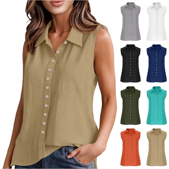 ssuyfkrb Women's Tank Tops,Womens Tank Tops,Tank Tops for Women,Sleeveless,Turn Down Collar,Button Down,Cotton Linen,Khaki,L