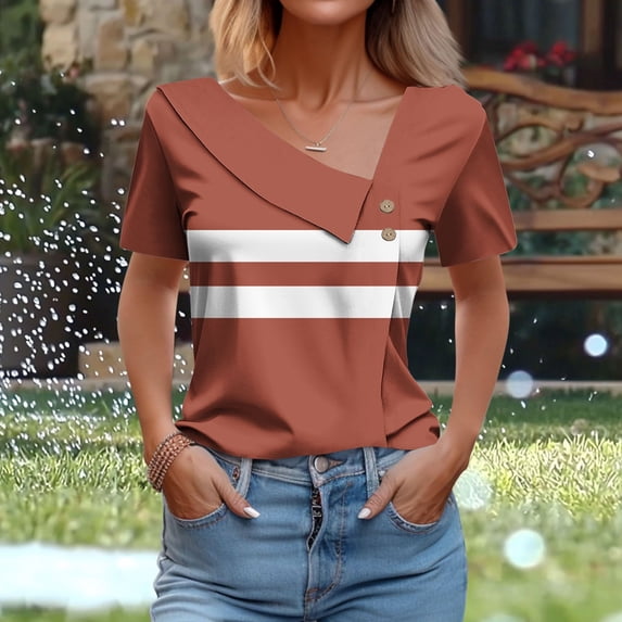 ATENAR Womens Shirts Short Sleeve Casual Shirts for Women V Neck Tee Orange 2XL