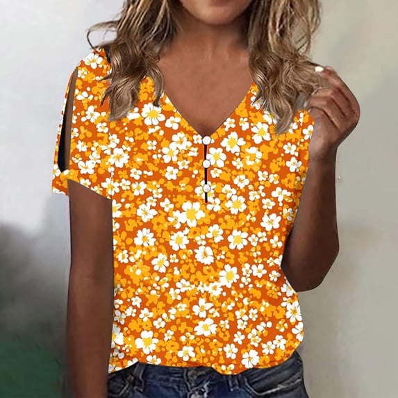 ATENAR Womens Shirts Summer Short Sleeve T Shirts for Women Casual Cold Shoulder Tee Yellow XL