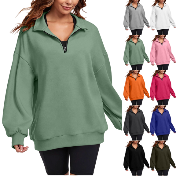 ATENAR Womens Sweatshirt,Sweatshirts for Women,Soft,Solid,Stretch Fabric,Quarter Zip,Green,L